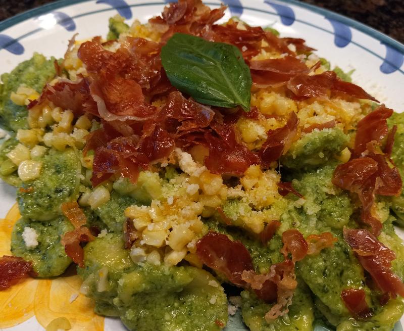 CORN PESTO WITH CRISPY PROSCIUTTO