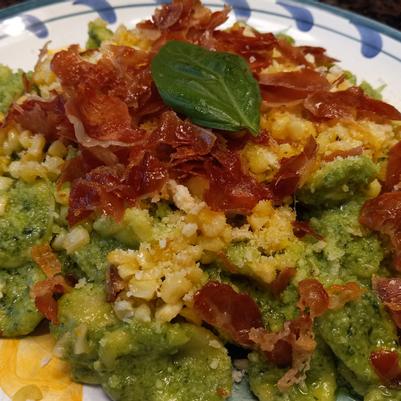 CORN PESTO WITH CRISPY PROSCIUTTO